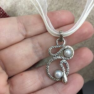 Sterling Silver Snake Pendant with Genuine Pearls on Organza Cord